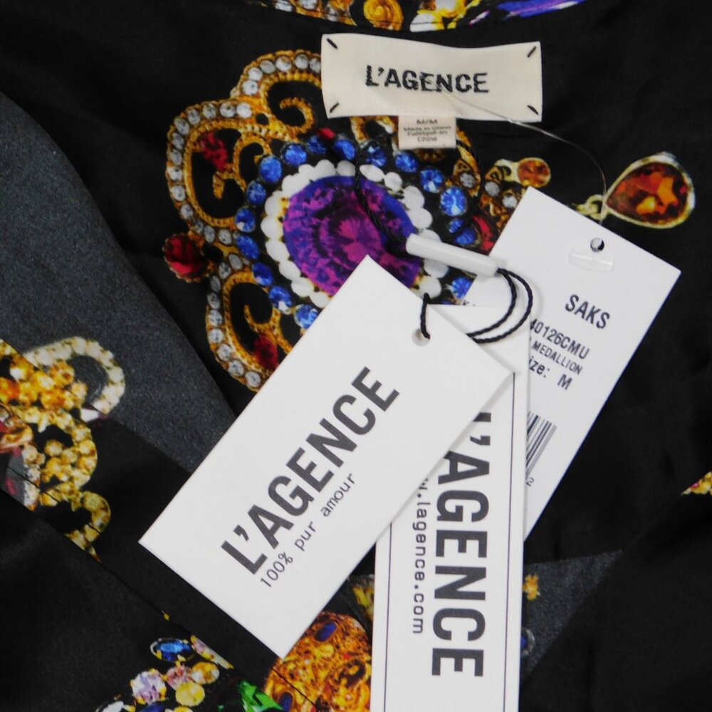 NEW L'AGENCE Dani Black Multi Medallion Silk Blouse M NWT - Picture 5 of 6